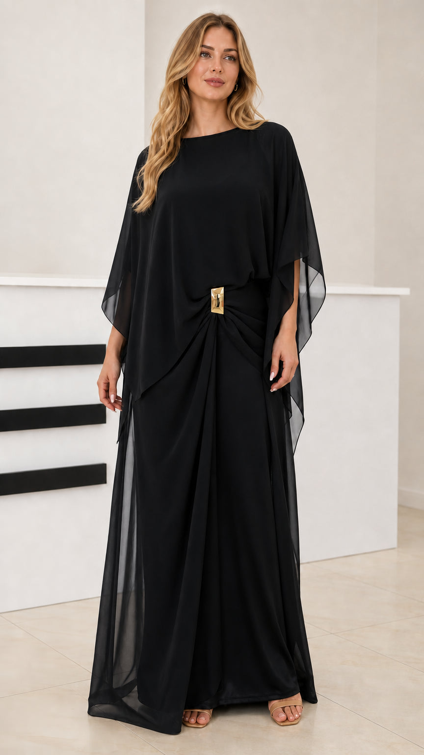 Black capelet draped maxi evening dress front view