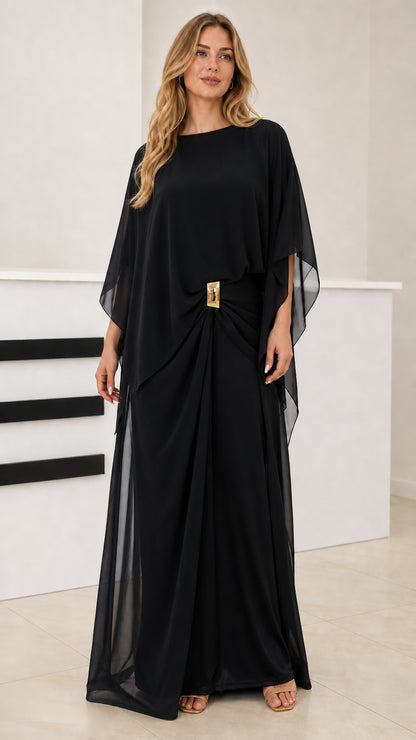 Black capelet draped maxi evening dress front view