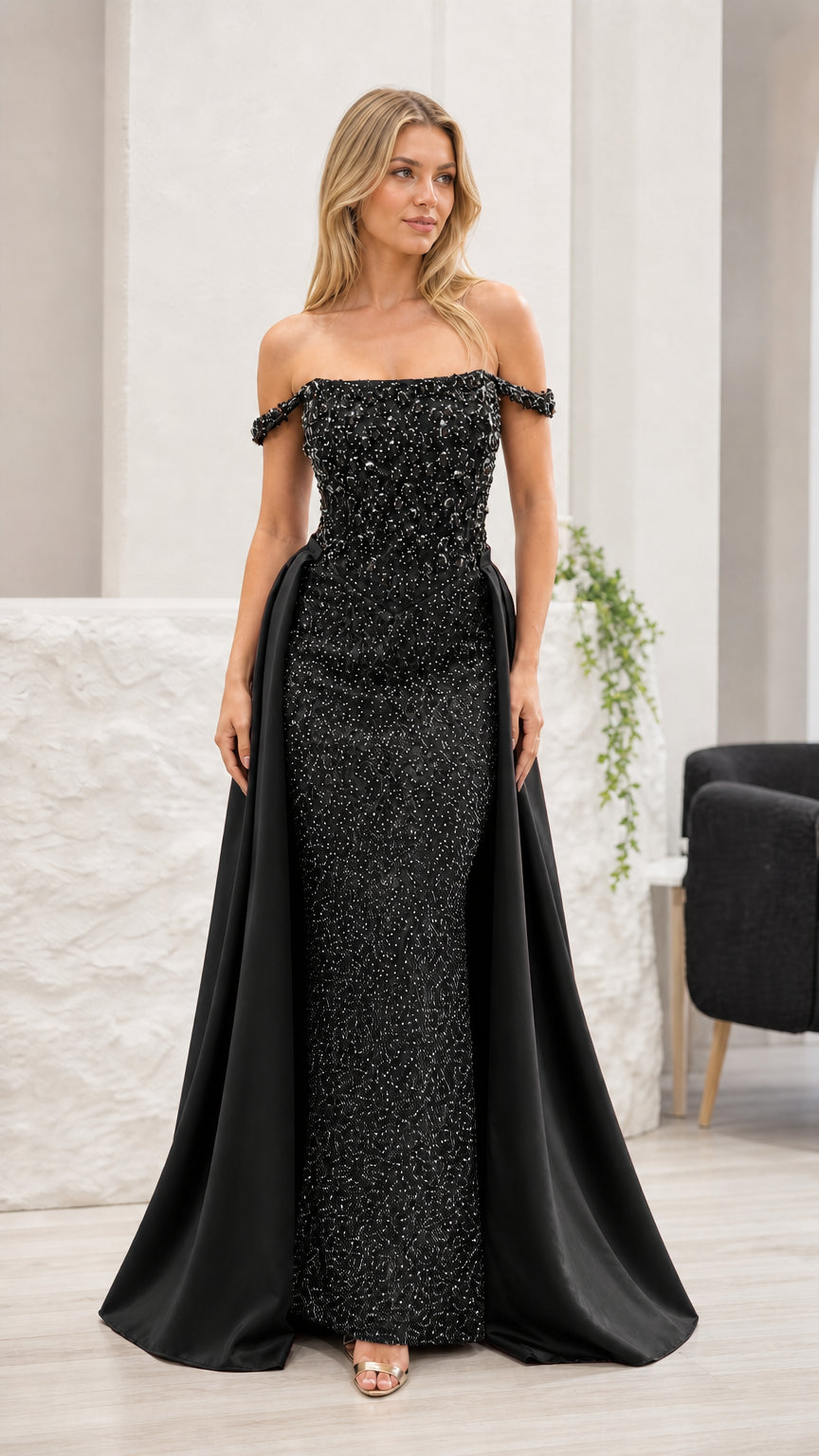 Front view of black evening gown variant