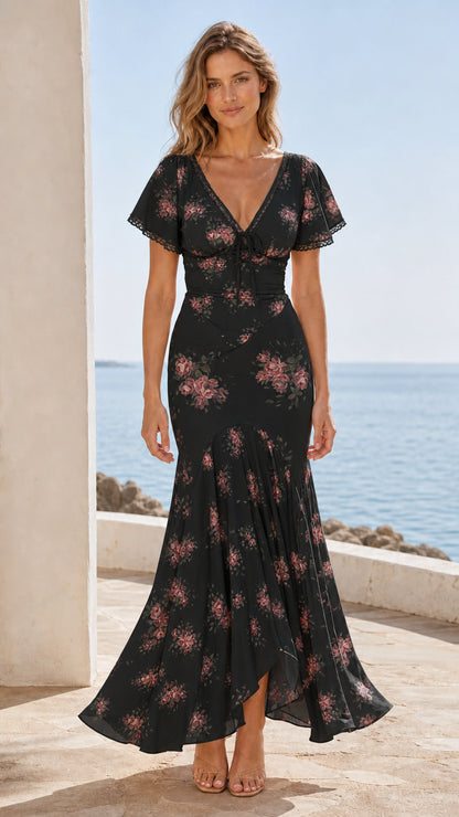 Front view of black floral maxi dress on model