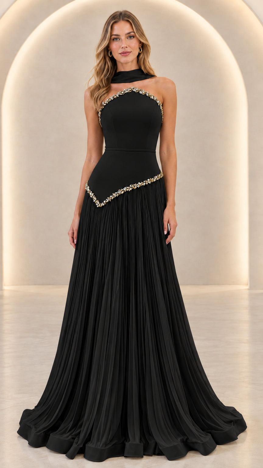 Black Embellished Halter Pleated Maxi Evening Gown