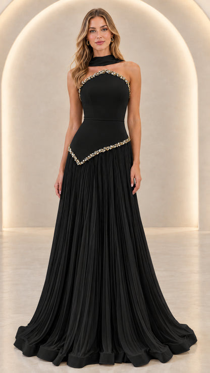 Black Embellished Halter Pleated Maxi Evening Gown
