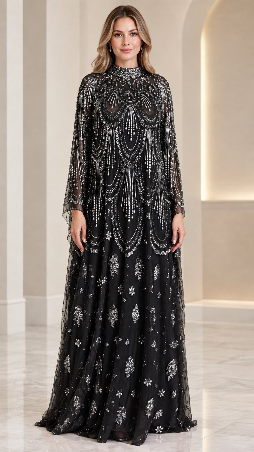 Black long sleeve embellished high neck maxi formal evening gown