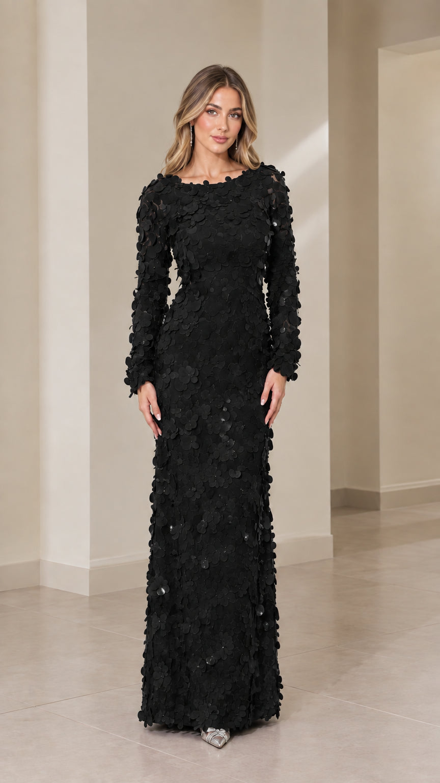 Black 3D floral appliqué long sleeve open-back maxi evening dress