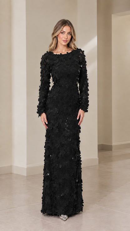Black 3D floral appliqué long sleeve open-back maxi evening dress