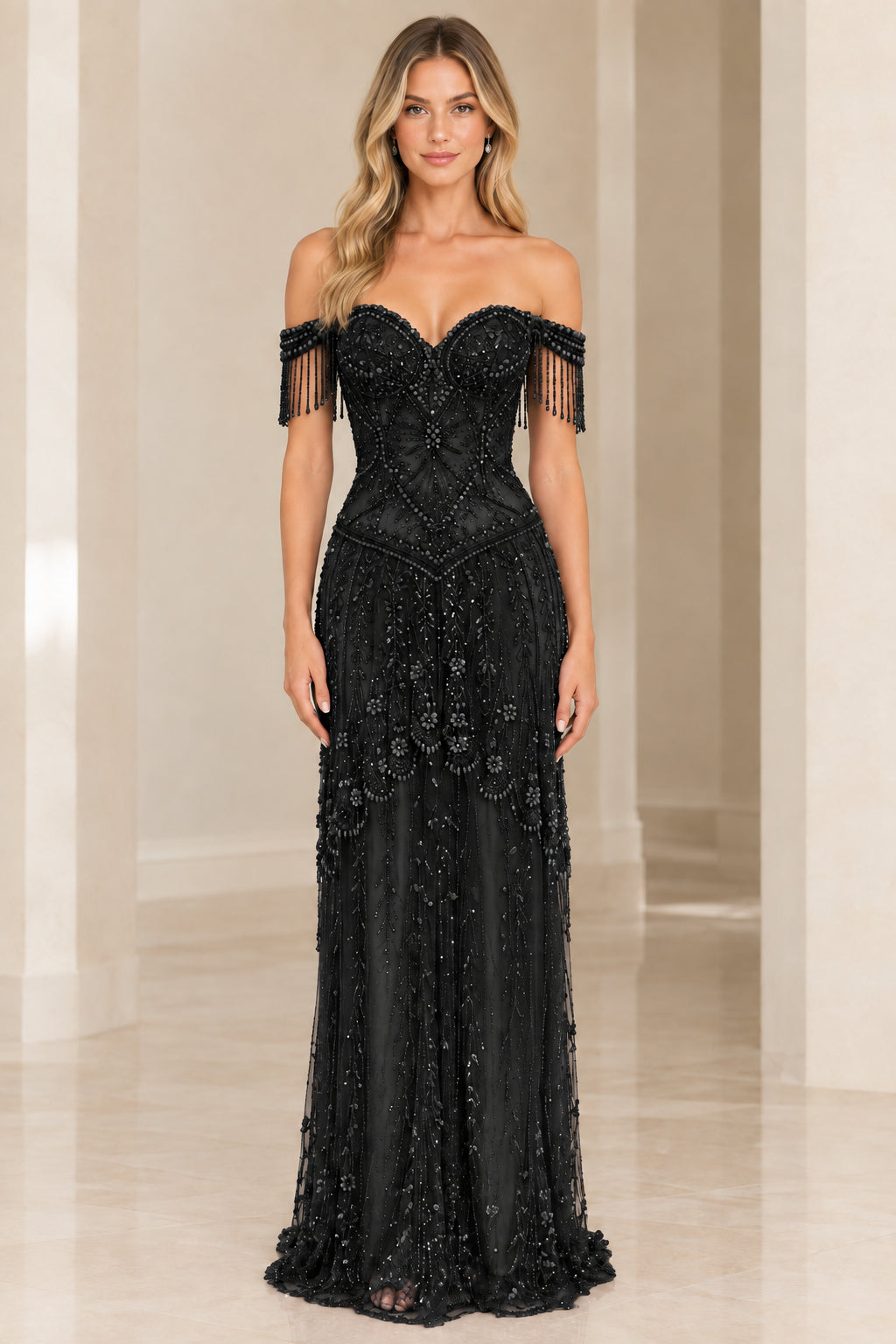 Black off-the-shoulder beaded fringe formal evening gown
