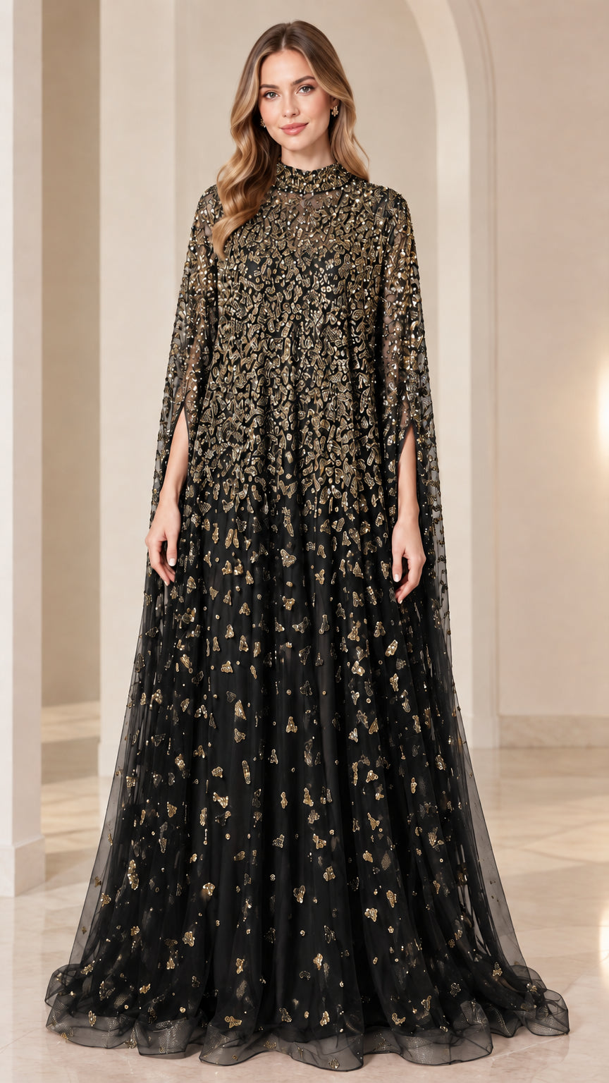 Front view of black and gold sequin cape sleeve evening maxi dress