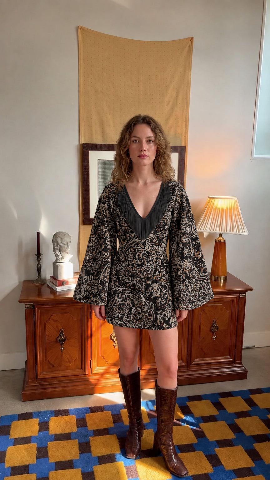 Model wearing black and gold paisley bell sleeve mini dress