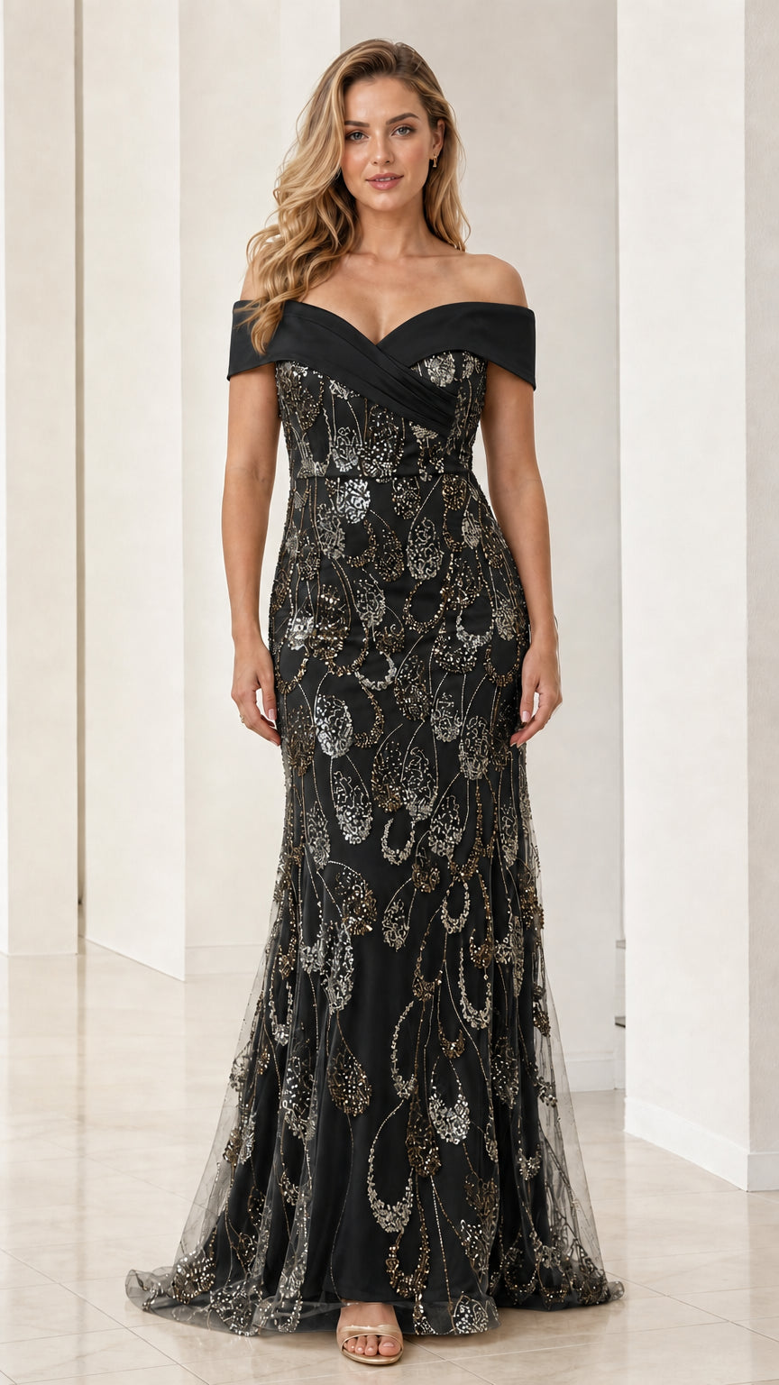 Black off-the-shoulder sequin mermaid formal evening gown