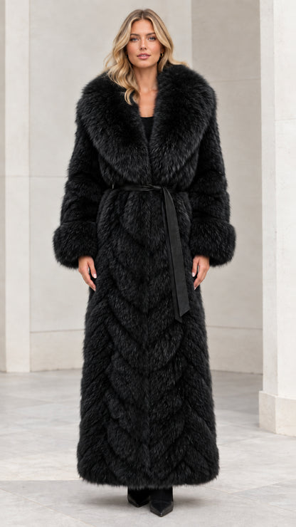 Front view of black chevron faux fur maxi coat with tie belt
