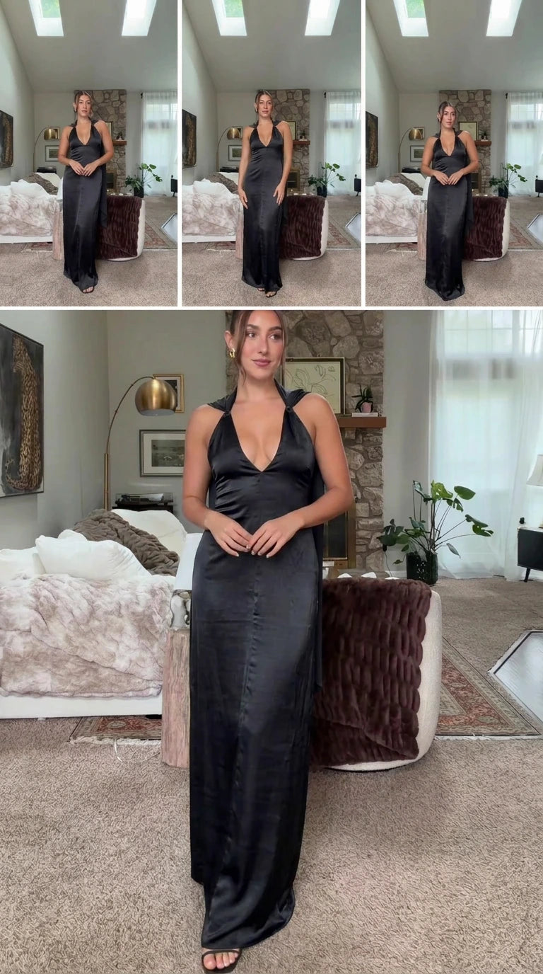 Collage showing black satin halter maxi evening dress from multiple angles