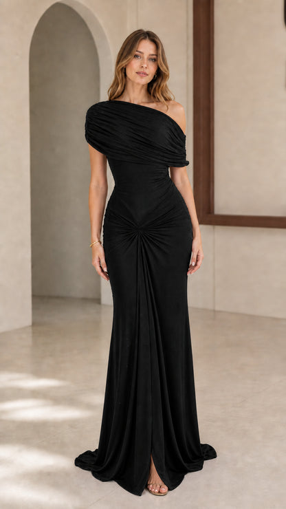 Model wearing Black one-shoulder ruched evening gown