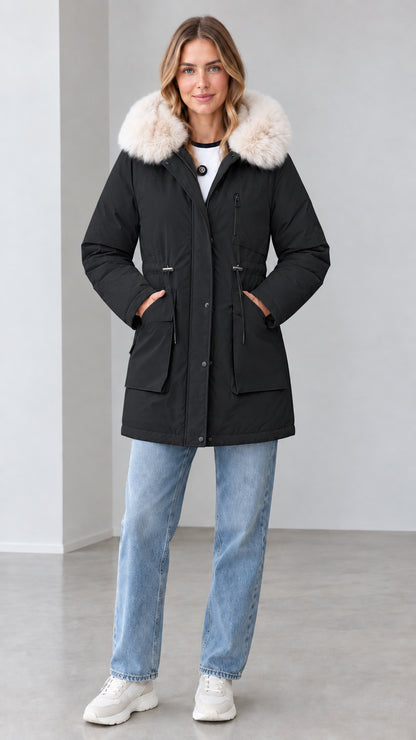 Front view of women's black mid-length hooded winter parka