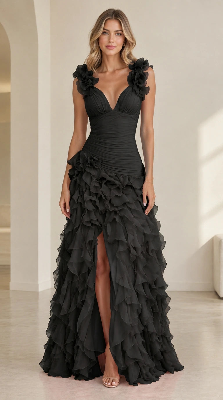 Model wearing elegant black tiered ruffle evening maxi dress