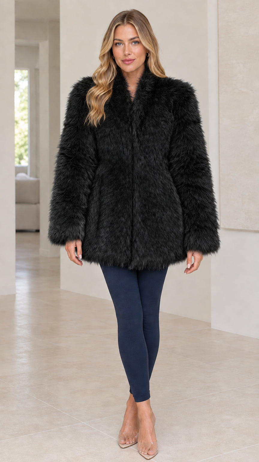 Front view of model wearing a Black shaggy faux fur coat