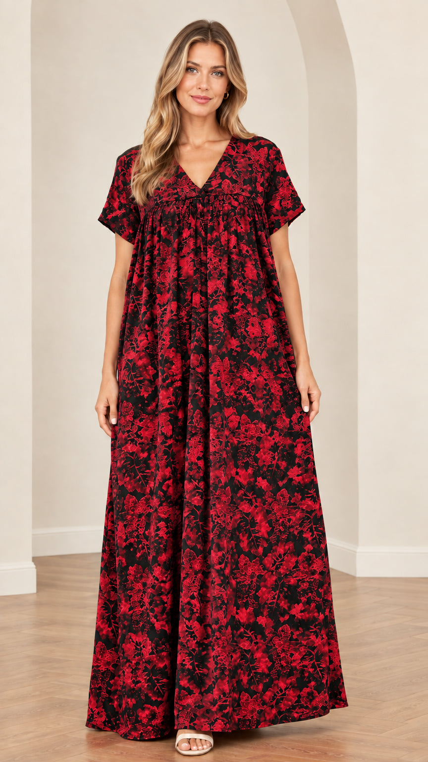 Front view of black and red floral short sleeve gathered maxi dress