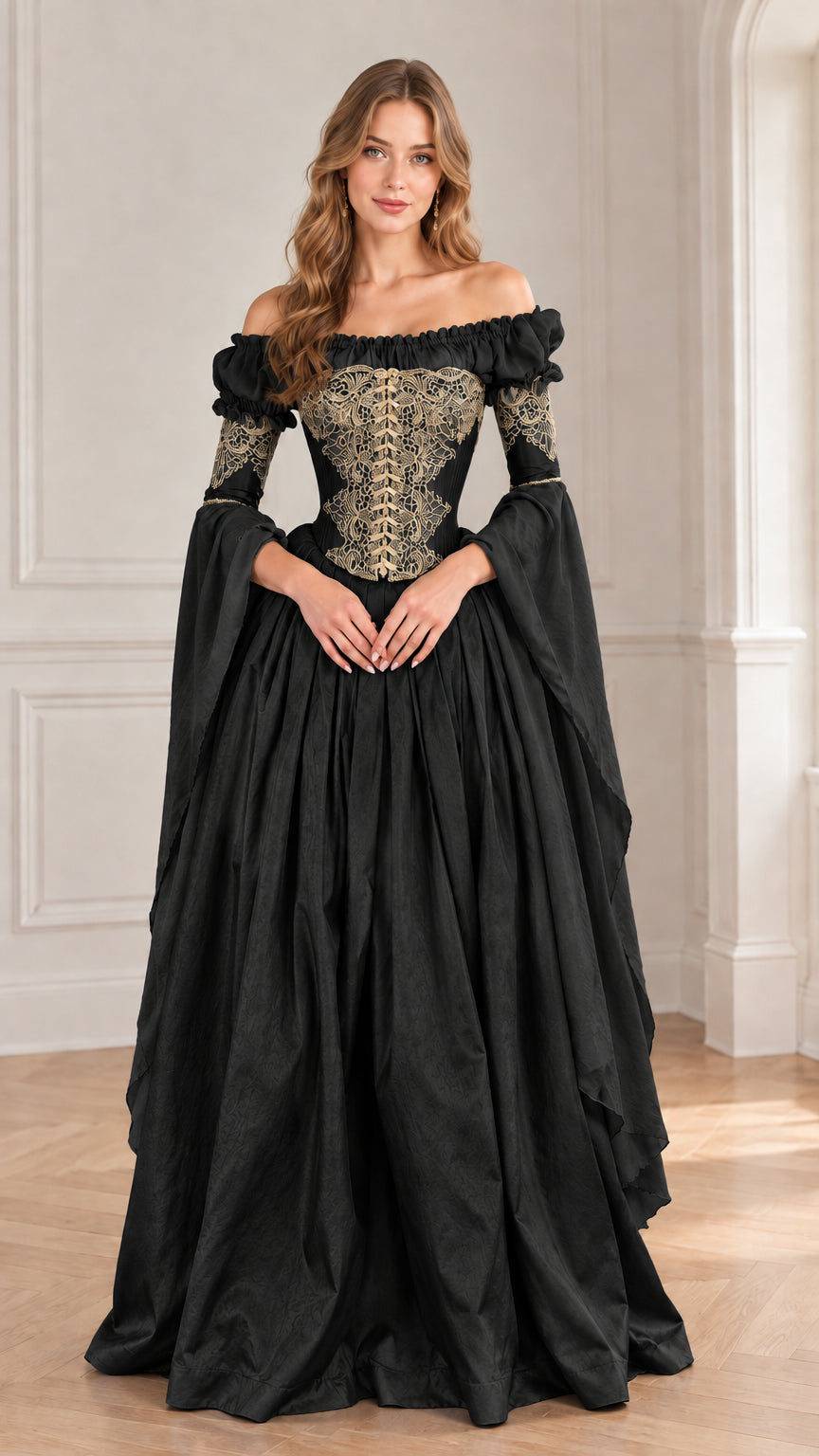 Front view of woman wearing black Renaissance corset maxi dress with gold embroidery