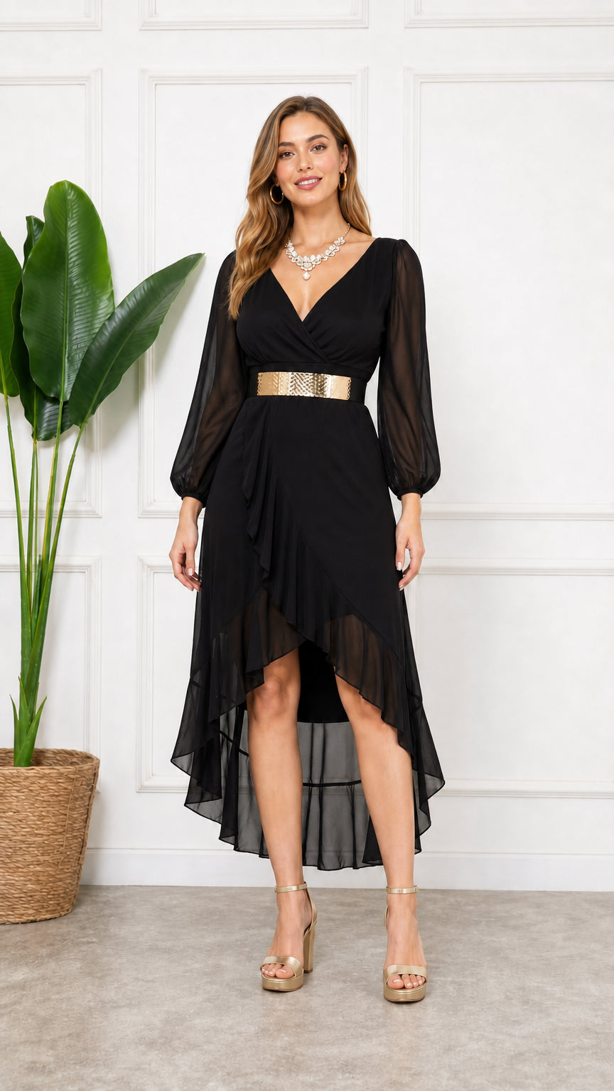 Black long sleeve V-neck high-low cocktail dress with gold waist detail