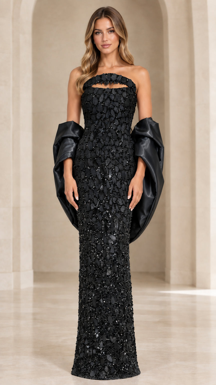 Black strapless embellished evening gown with matching black satin sleeve wraps