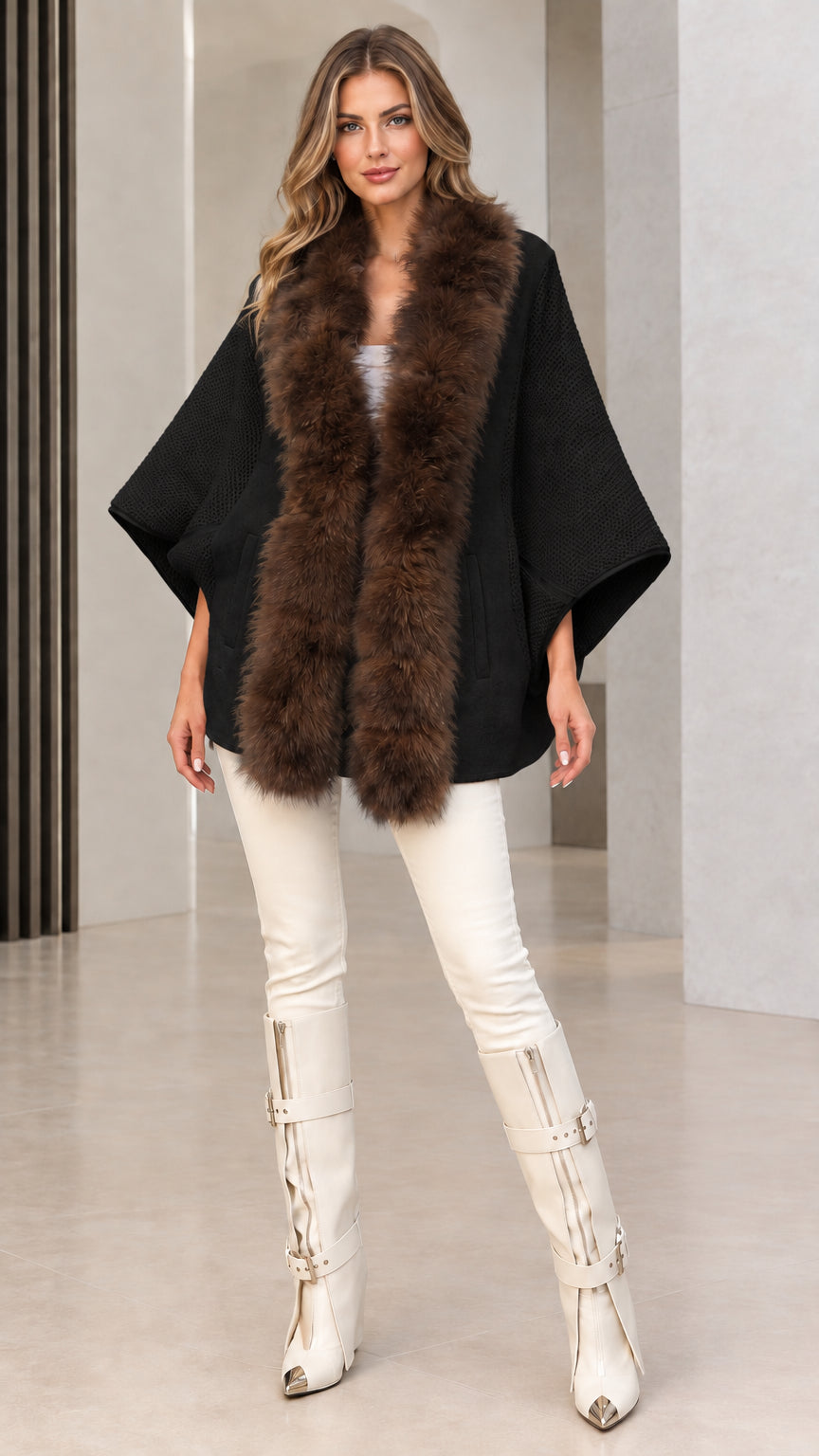 Black knit poncho cape with brown faux fur trim