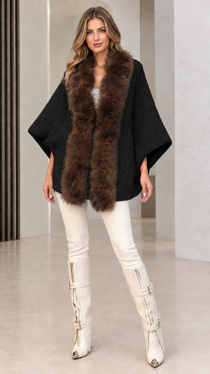 Black knit poncho cape with brown faux fur trim