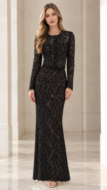 Full-length front view of black long sleeve lace formal gown