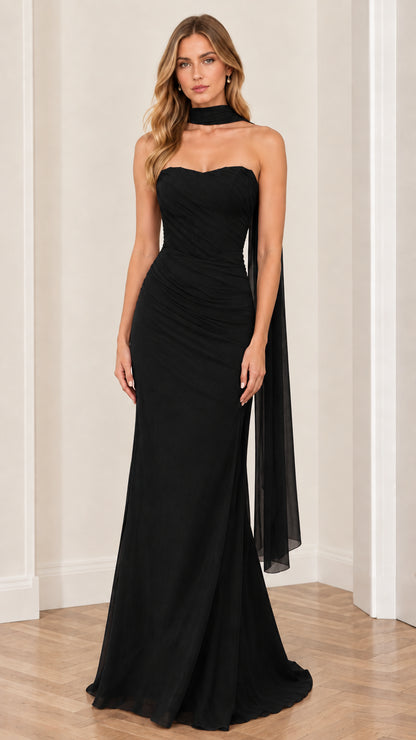 Black strapless ruched formal evening gown with matching neck scarf