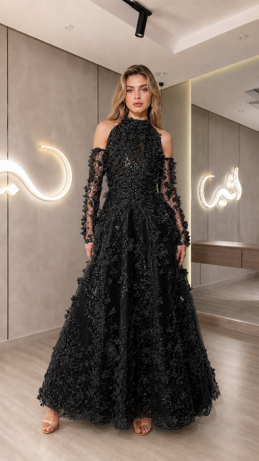 Front view of black 3D floral applique cold shoulder halter formal dress