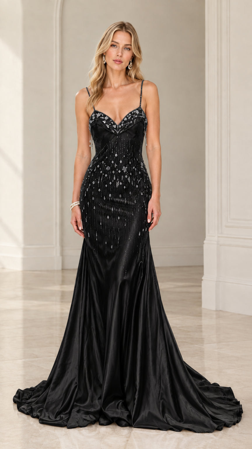Black beaded satin mermaid evening gown on model