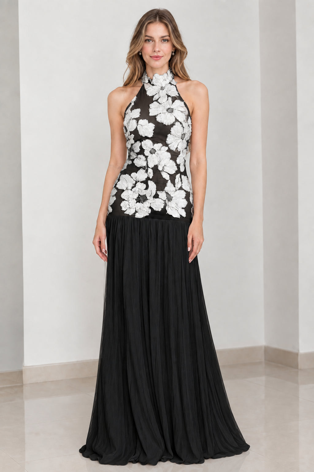 Black floral embroidered halter neck pleated evening dress