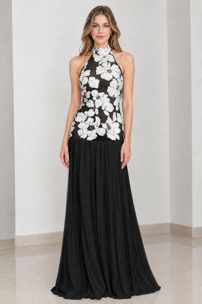 Black floral embroidered halter neck pleated evening dress