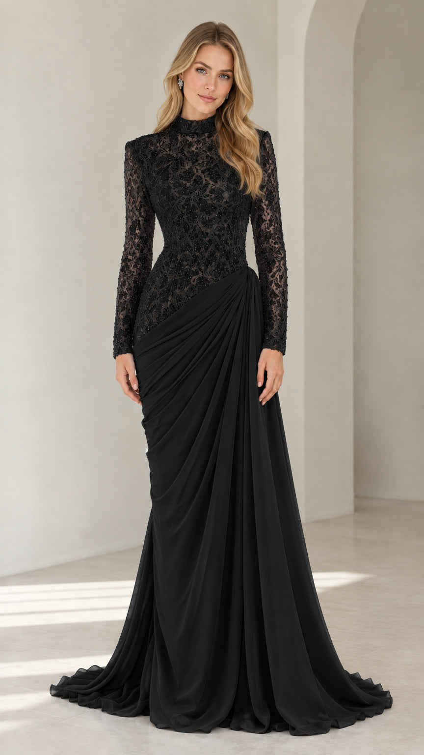 Front view of black high neck lace long sleeve draped formal evening gown
