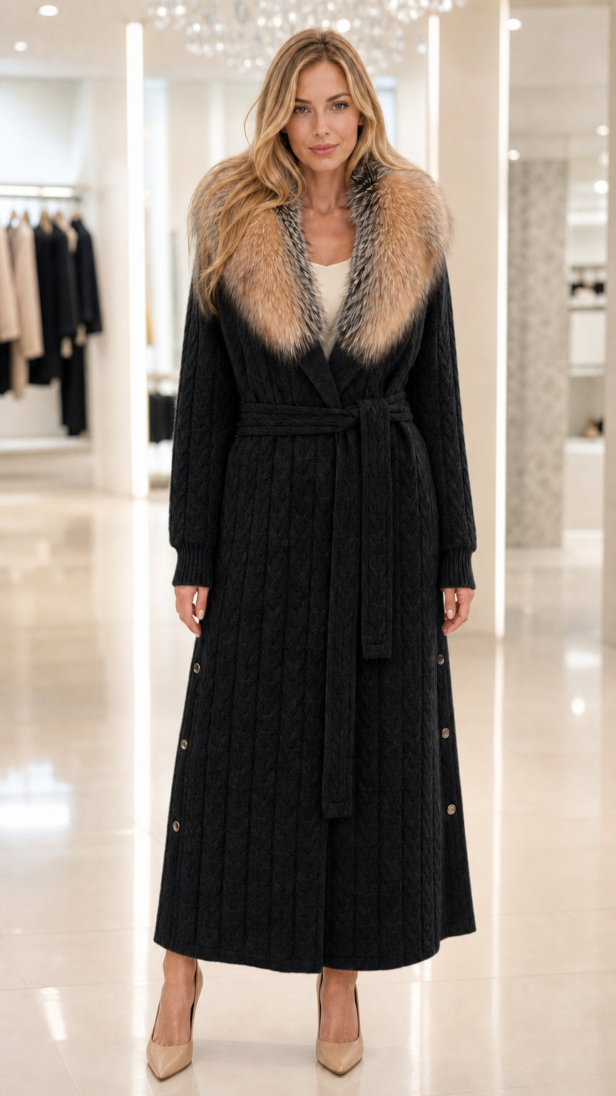 Front view of model wearing black cable knit maxi cardigan with contrasting faux fur shawl collar