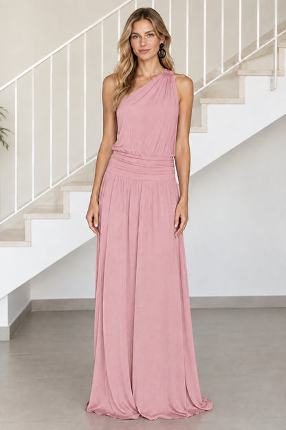 Front view of model wearing dusty pink one-shoulder ruched waist maxi dress