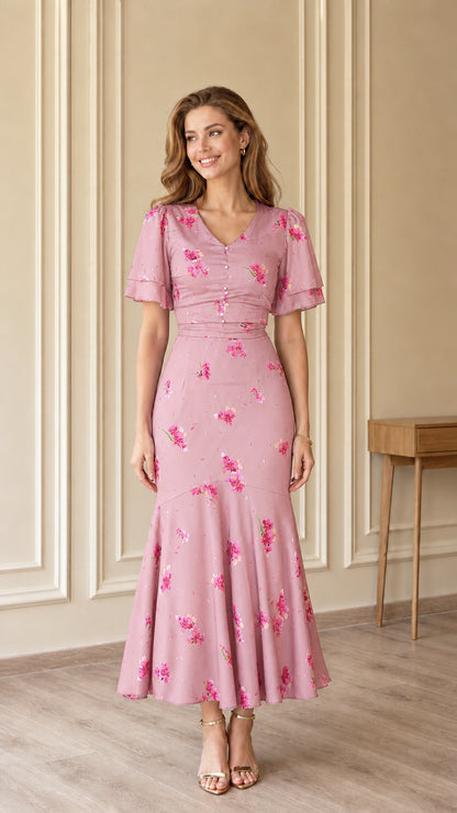 Pink floral V-neck flutter sleeve mermaid midi dress on model