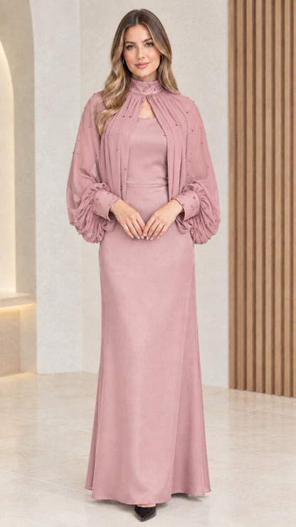 Front view of dusty pink beaded cape maxi evening dress