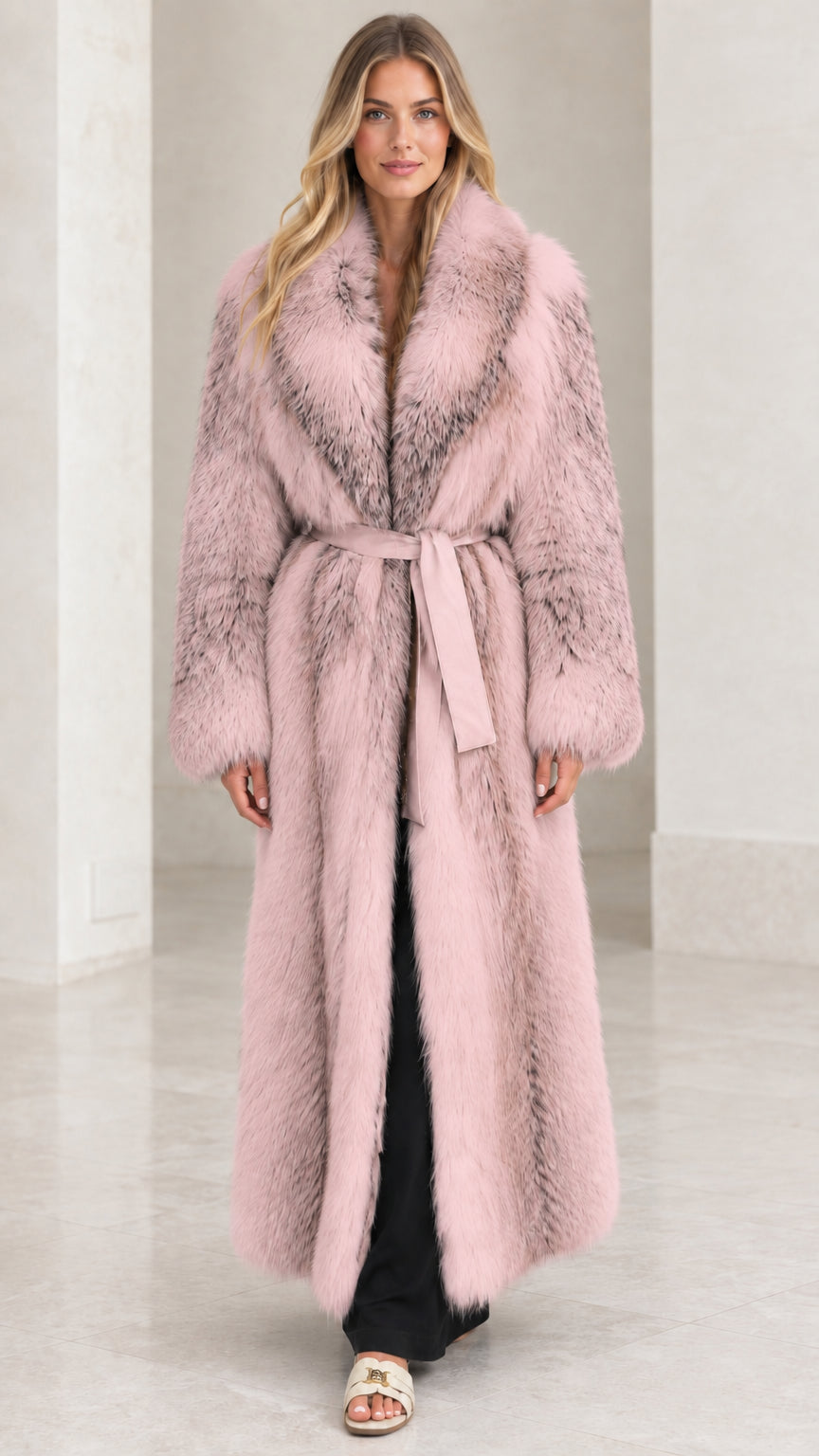 Front full-length view of Blush Pink maxi faux fur coat