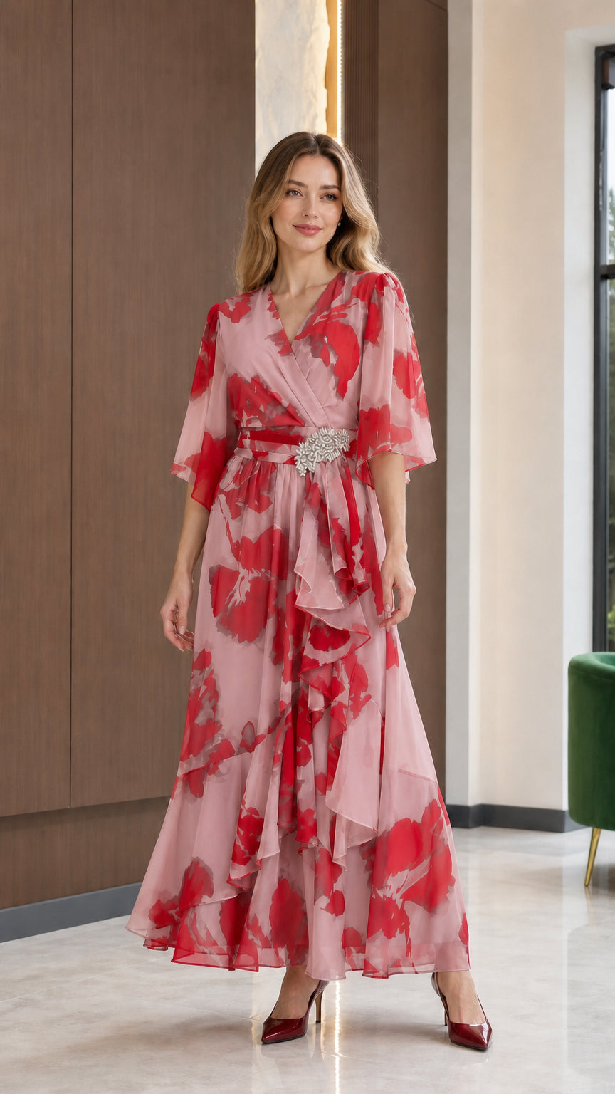 Blush pink floral print surplice maxi dress with crystal waist accent