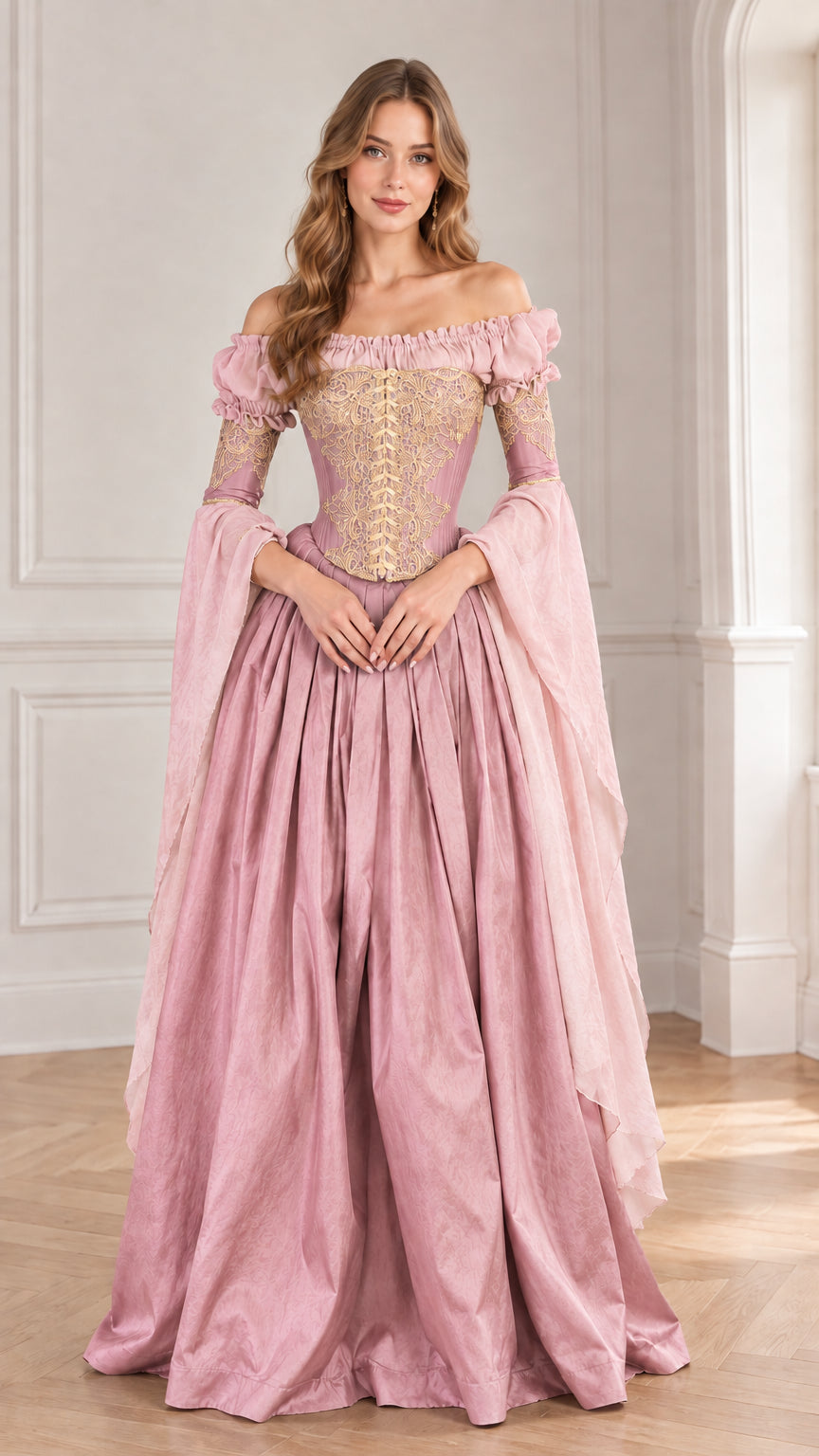Front view of woman modeling dusty pink medieval ball gown with flowing sleeves