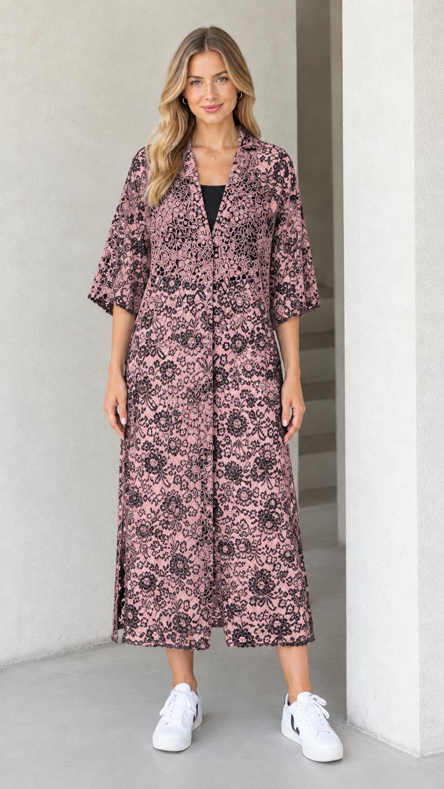 Front view of model wearing dusty rose floral lace midi duster dress