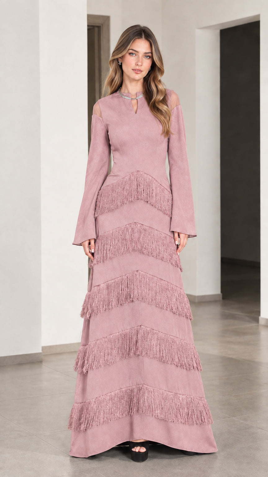 Front full view of Dusty Pink long sleeve tiered fringe maxi dress