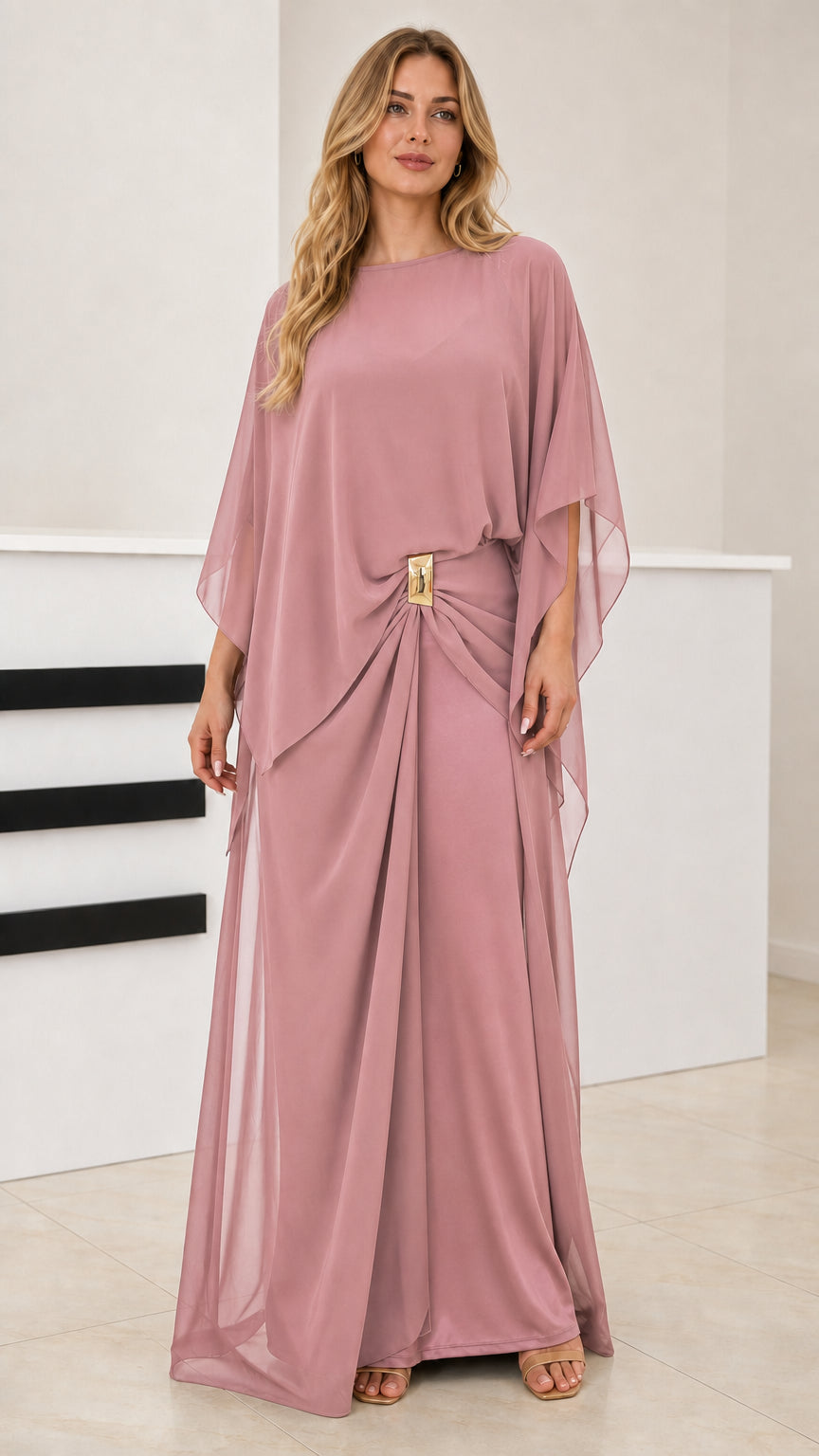Dusty Rose chiffon capelet formal maxi dress front view