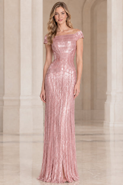 Front view of woman wearing dusty pink off-the-shoulder beaded formal dress