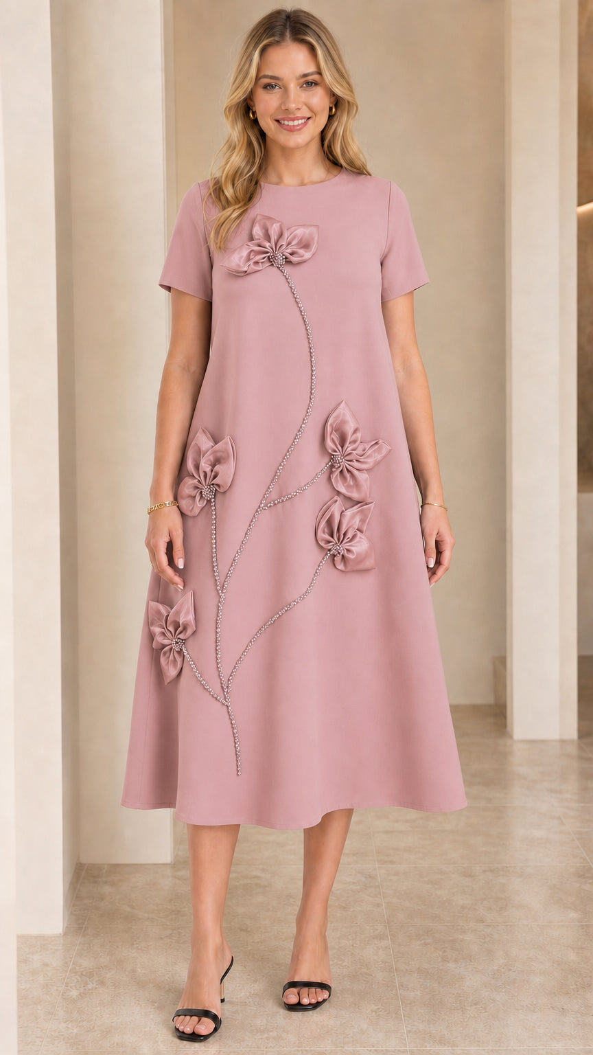 Front view of Dusty Pink short-sleeve A-line midi dress with 3D floral appliqués