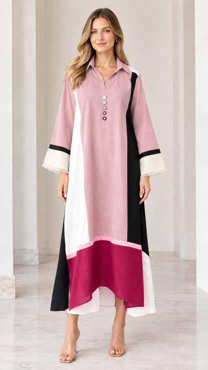 Front view of model wearing Dusty Pink color block collared maxi dress