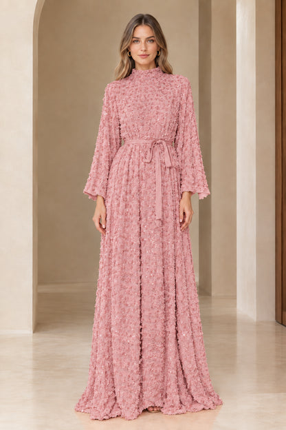 Front full view of dusty pink textured sequin belted maxi dress