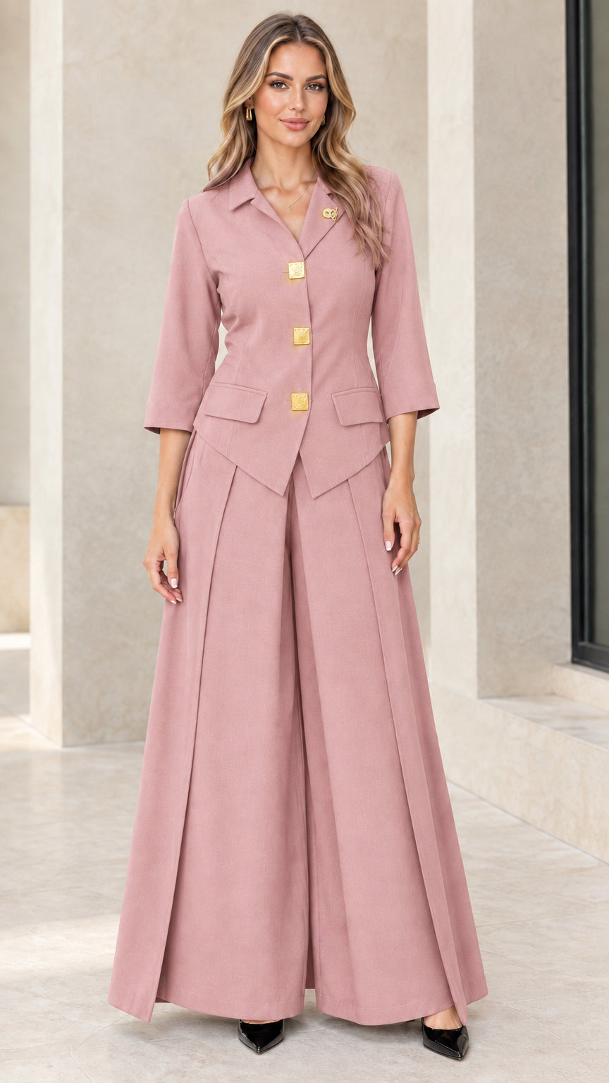 Women modeling dusty pink 2-piece tailored blazer and wide-leg pants set