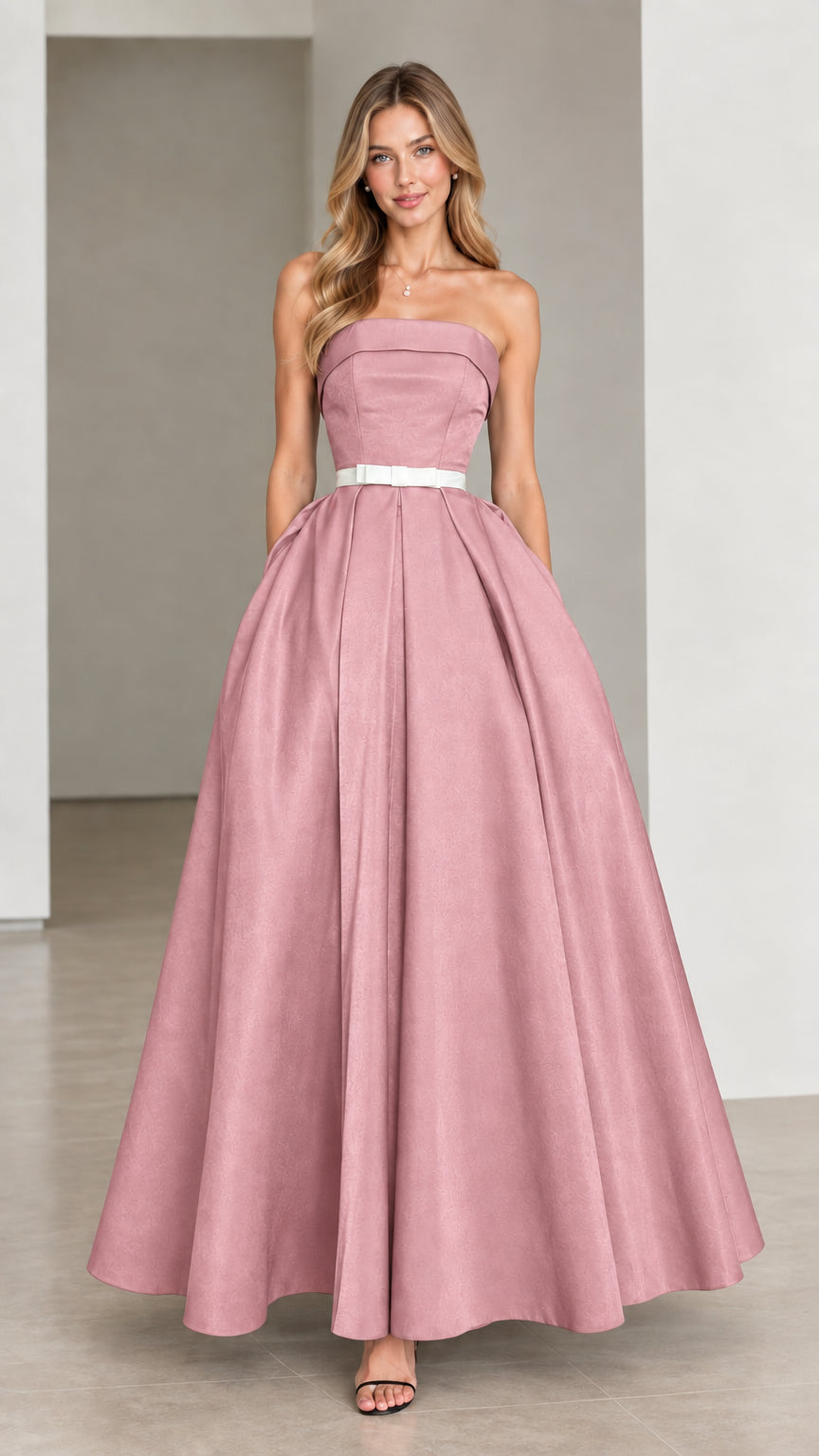 Dusty pink strapless A-line evening gown with white waist ribbon