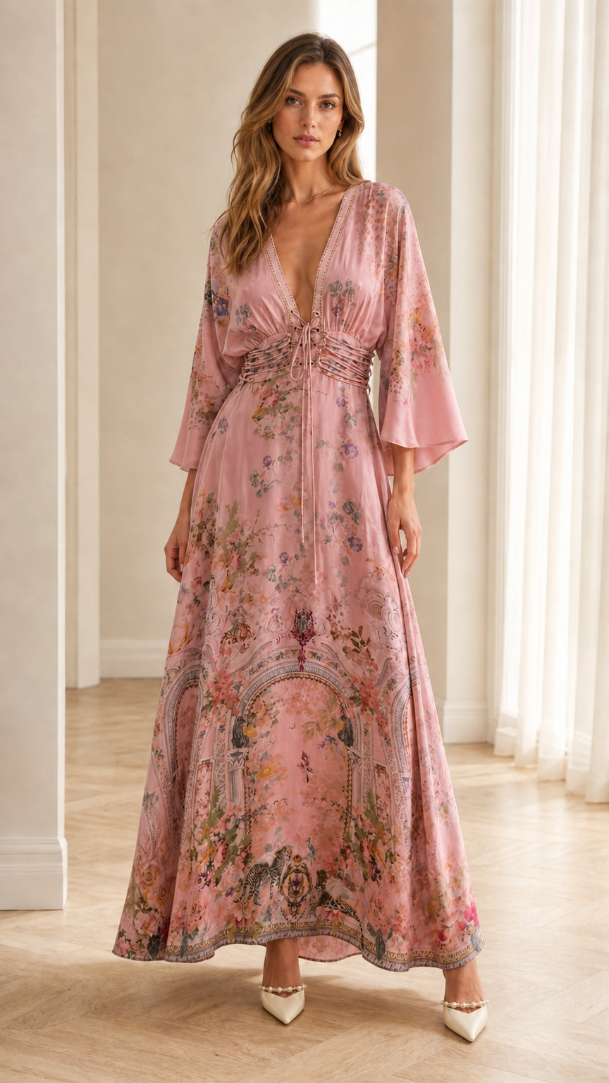 Front view of pink floral bohemian maxi dress