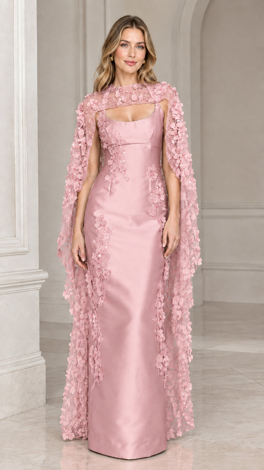 Dusty pink satin evening dress with matching floral appliqué tulle cape